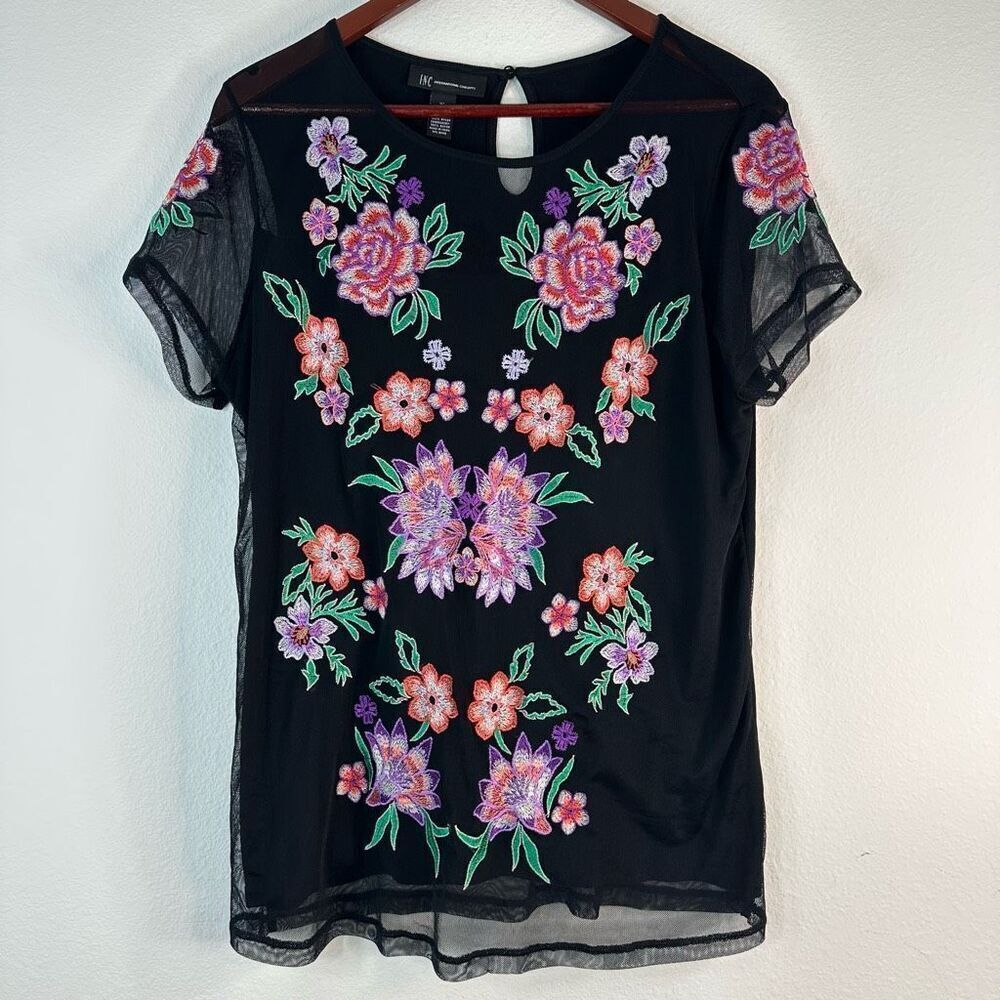 Inc International Concepts Black Floral Embroidered Mesh T-shirt Womens XL Nylon